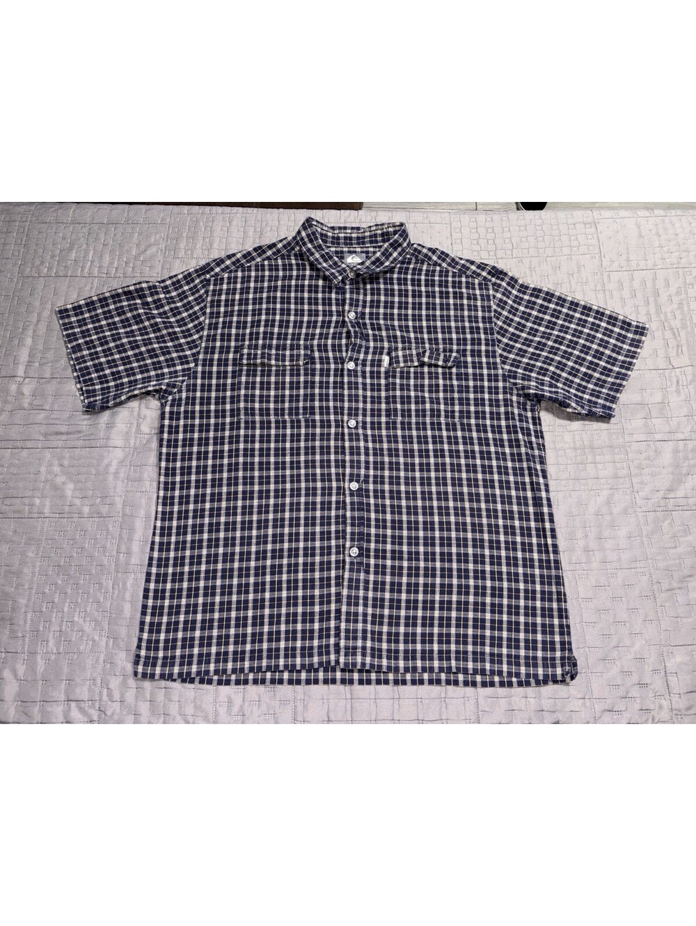 Quiksilver Mens XL Plaid Button Up Shirt Blue Yellow Short Sleeve Surf Skate...